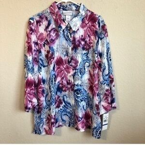 Alfred Dunner Top Multicolored Floral Paisley Long Sleeve Button Down Shirt NWT